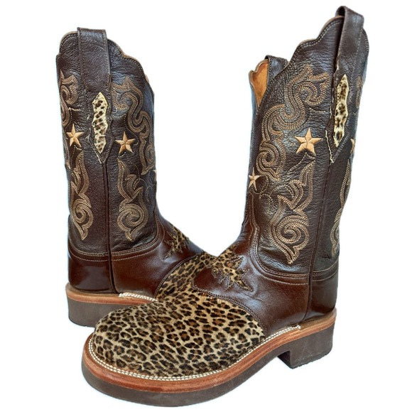 LUCCHESE Leopard Hair On Crepe Sole Brown Western Cowboy Boots - Picture 6 of 7